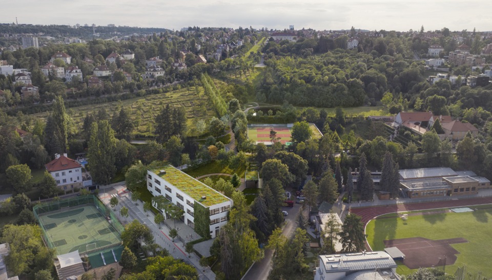 Vizualizace nové budovy ZŠ Bílá Praha 6 moderní architektura školy