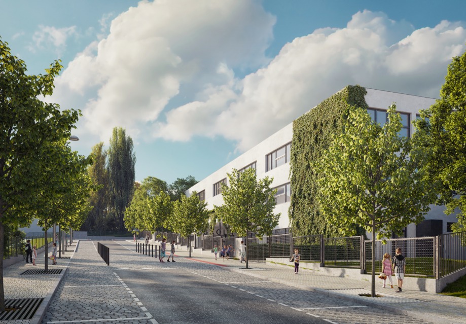 Vizualizace nové budovy ZŠ Bílá Praha 6 moderní architektura školy