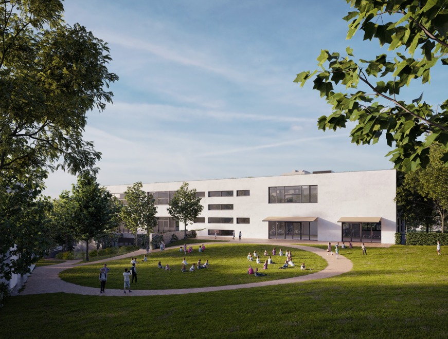 Vizualizace nové budovy ZŠ Bílá Praha 6 moderní architektura školy