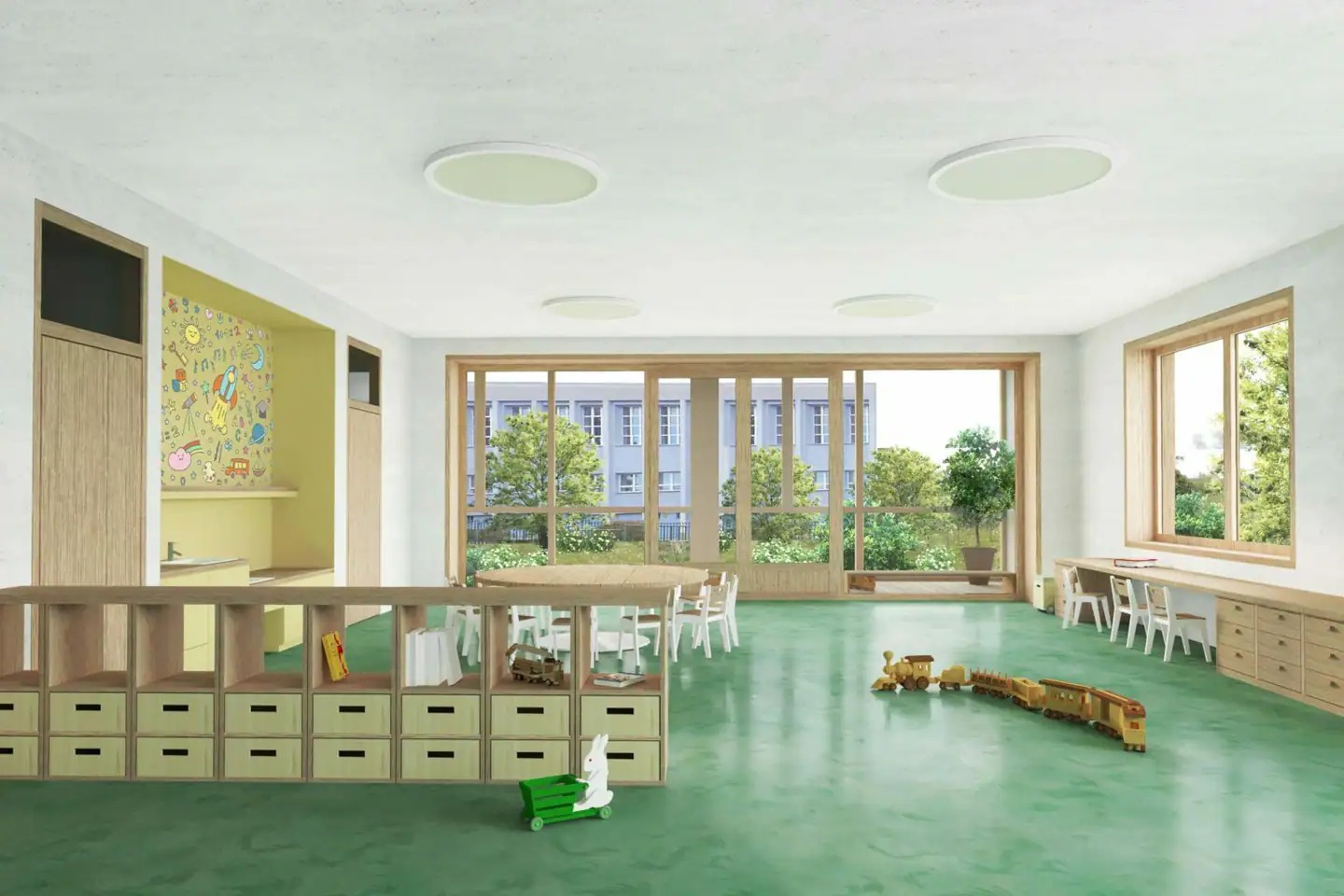 Vizualizace nové mateřské školy Červený Vrch Praha 6 moderní budova školky