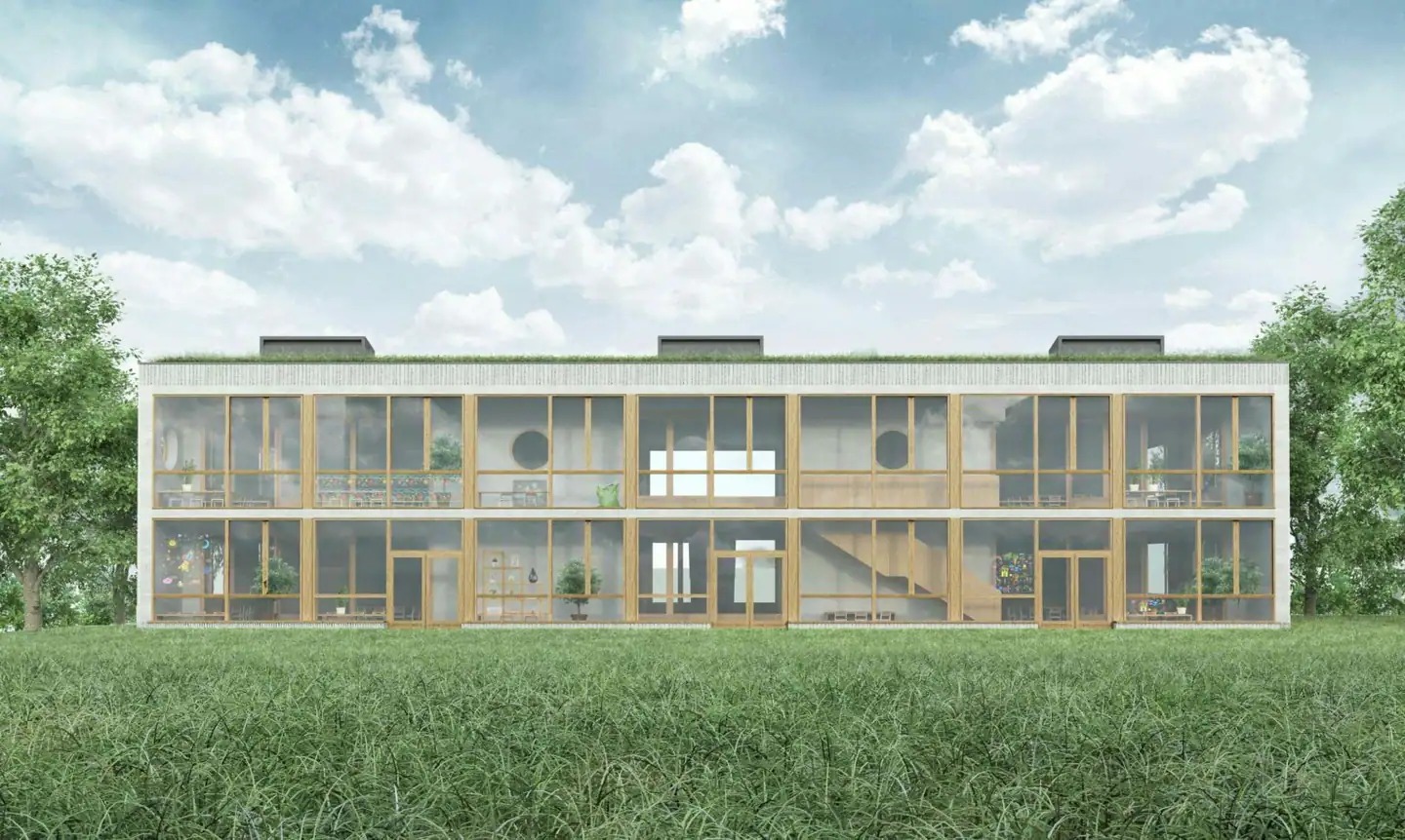 Vizualizace nové mateřské školy Červený Vrch Praha 6 moderní budova školky