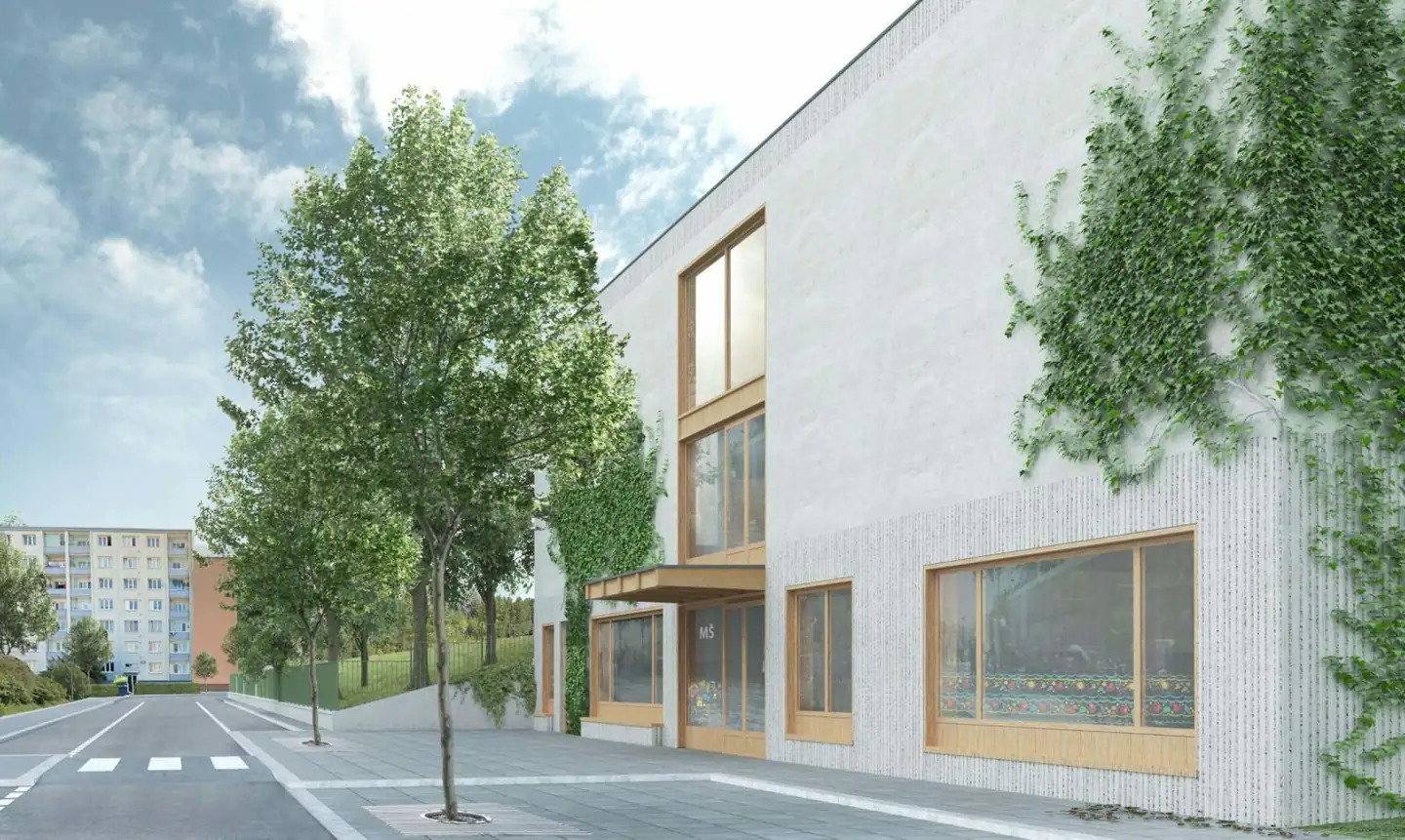 Vizualizace nové mateřské školy Červený Vrch Praha 6 moderní budova školky