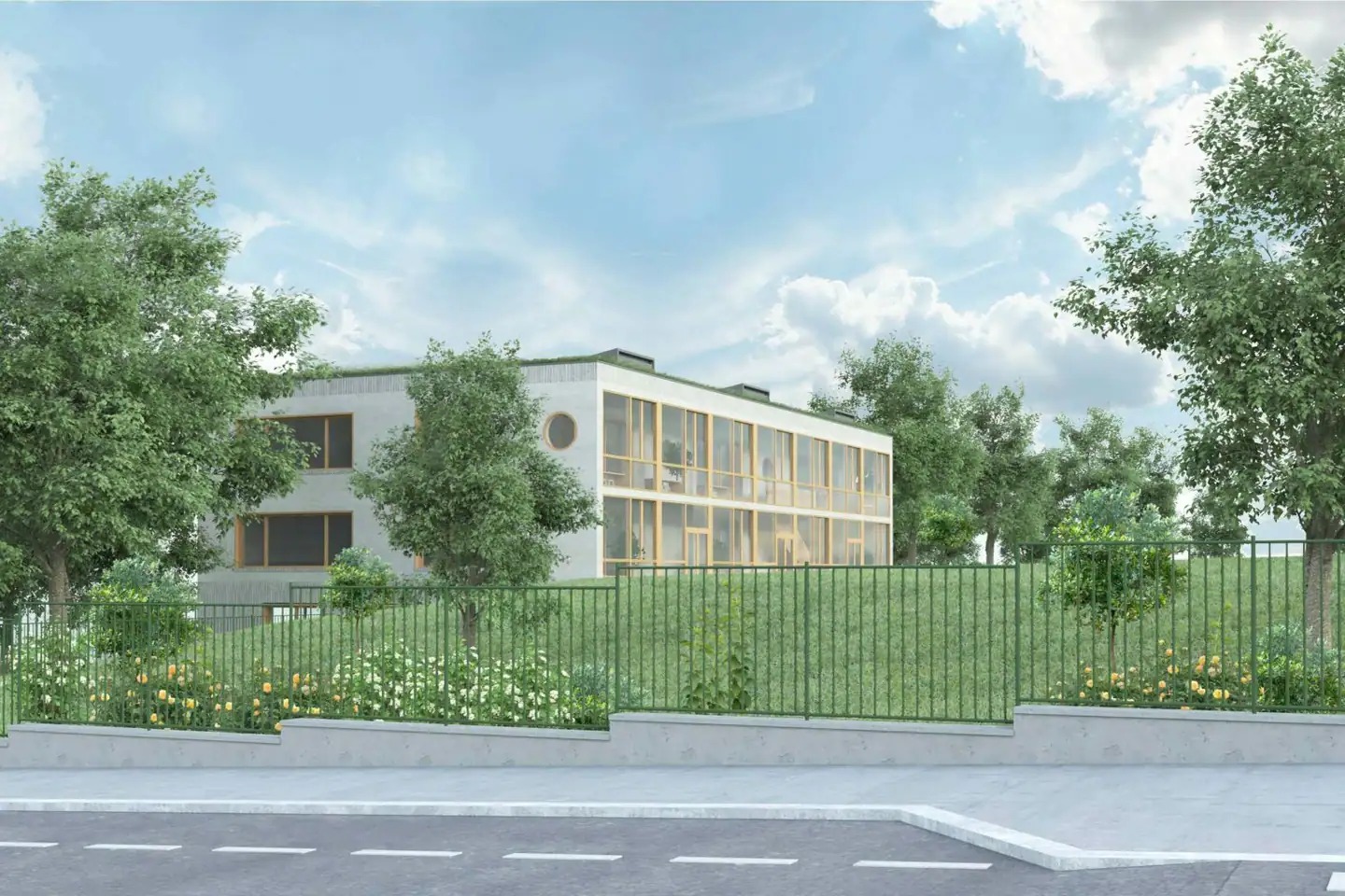 Vizualizace nové mateřské školy Červený Vrch Praha 6 moderní budova školky