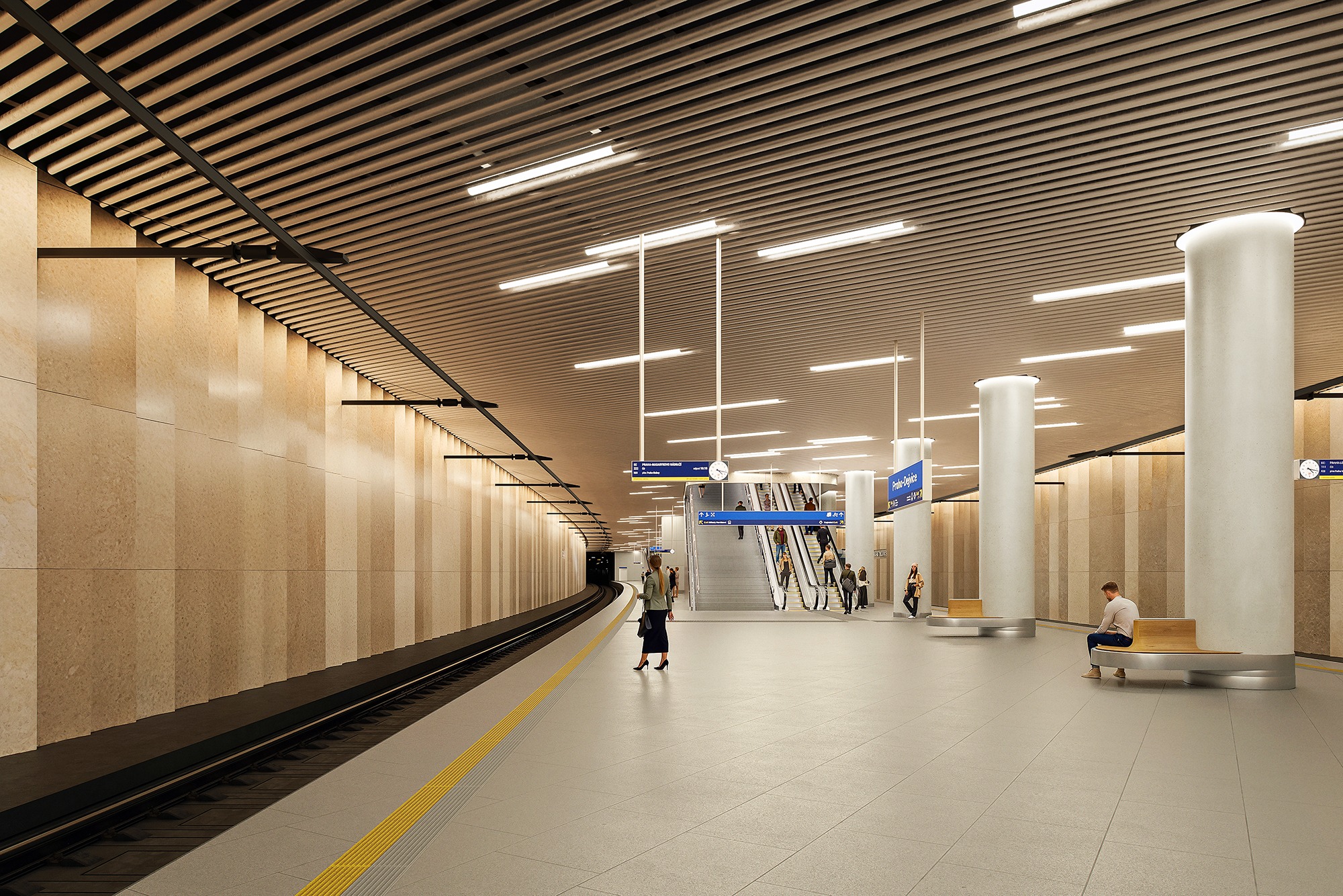 Vizualizace podzemní stanice Praha Dejvice moderní železniční uzel