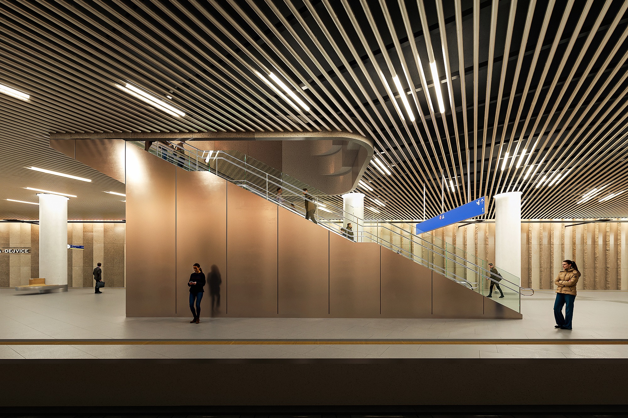 Vizualizace podzemní stanice Praha Dejvice moderní železniční uzel