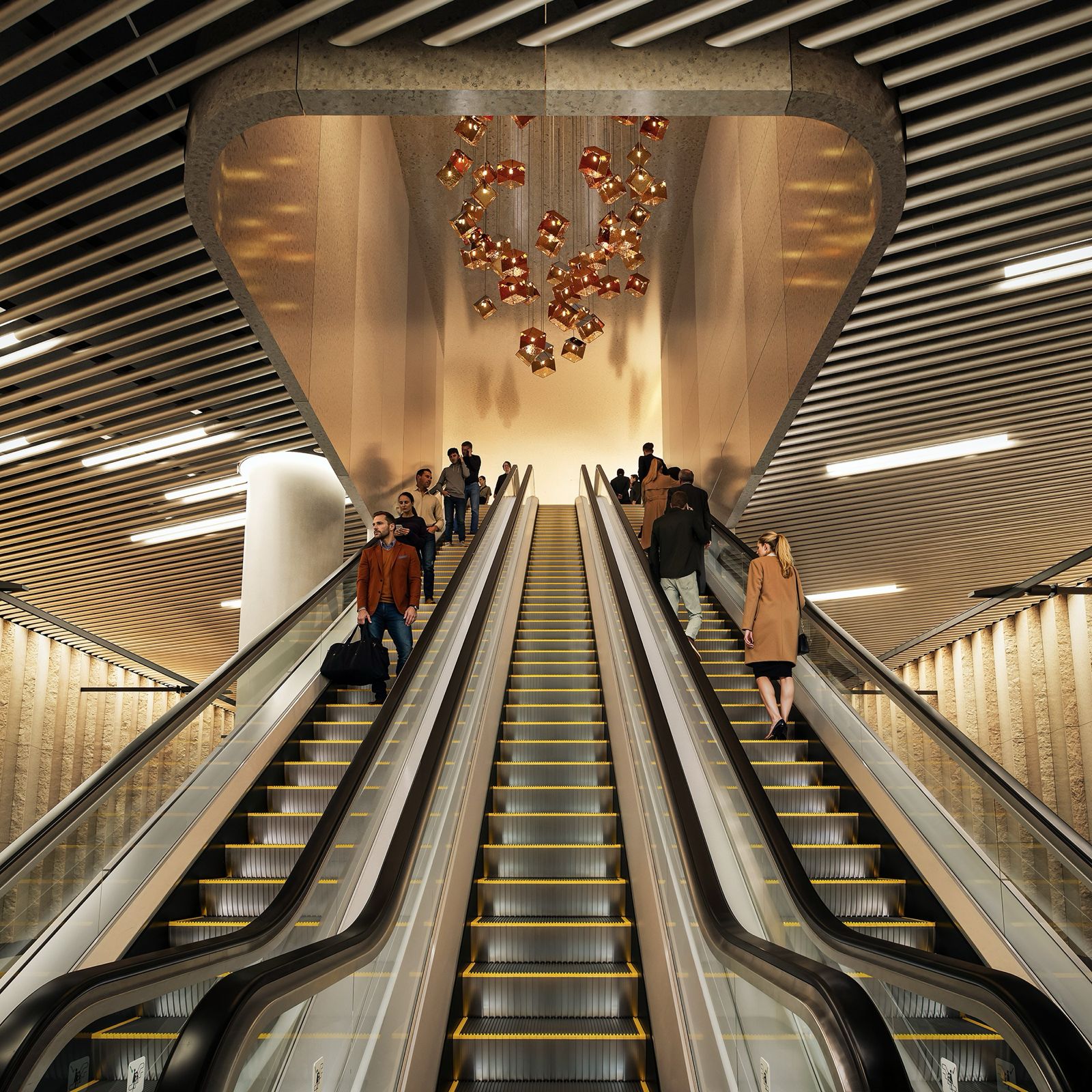 Vizualizace podzemní stanice Praha Dejvice moderní železniční uzel